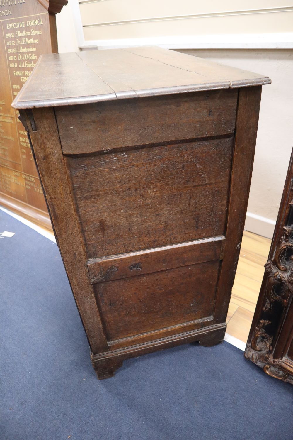An 18th century provincial oak chest, width 84cm, depth 45cm, height 86cm